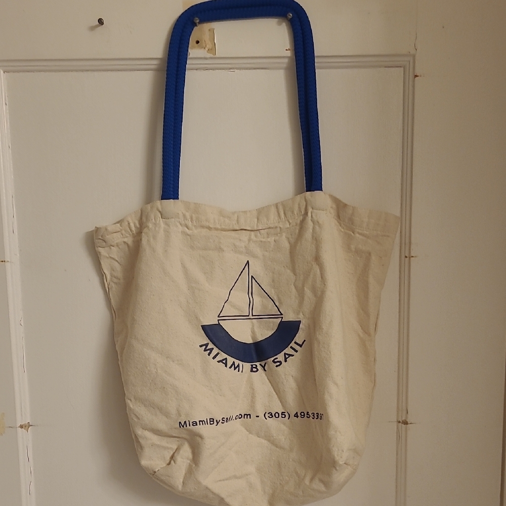 Miami By Sail Canvas Tote Bag with Blue Handles